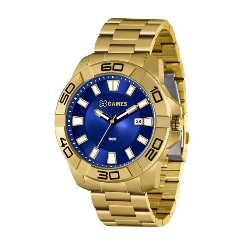 Relogio Xgames Masculino dourado fundo azul aço inox grande caixa